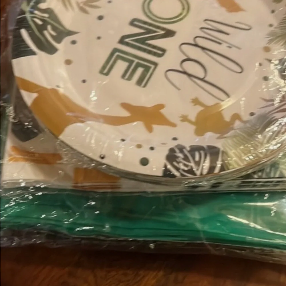 Wild One Party Plates , napkins and Green Tablecover Set
